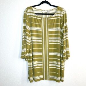 Susan Graver Striped Jersey Liquid Knit 3/4 Sleeve Blouse Green Chartreuse 2X